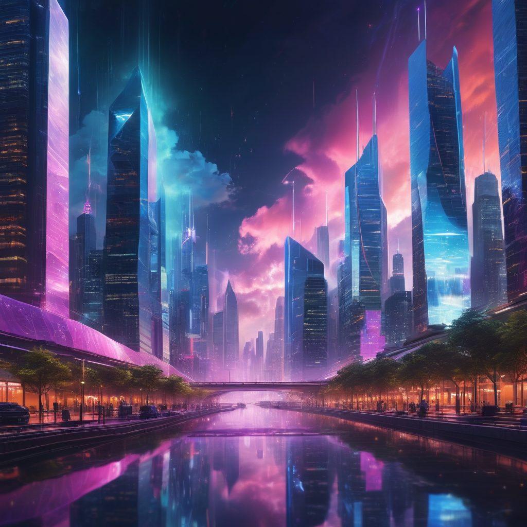 A futuristic cityscape showcasing advanced cloud technology with data flowing like streams between sleek skyscrapers, a digital shield representing disaster recovery, and virtual networks connecting devices. The scene is illuminated by neon lights and holograms, with a vibrant sky transitioning from day to night. super-realistic. vibrant colors. cyberpunk.