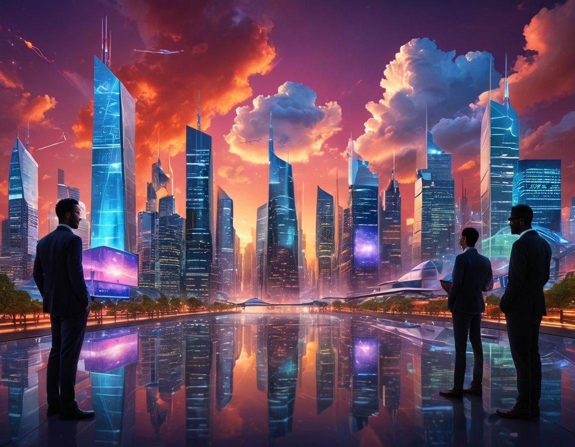 A futuristic city skyline with cloud computing symbols like servers and networks floating in the sky. In the foreground, a diverse group of IT professionals is collaborating over holographic devices showcasing infrastructure management tools. The scene conveys innovation and teamwork with a vibrant sunset backdrop. super-realistic. vibrant colors. high-tech aesthetic.