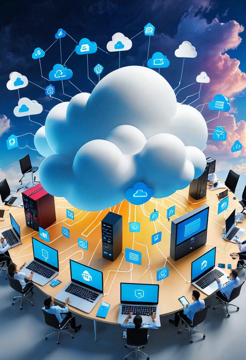 A digital landscape showcasing a robust cloud infrastructure with interconnected servers and data streams, surrounded by vibrant icons representing high availability and data security features like locks and shields. In the background, a bright blue sky with digital clouds symbolizes connectivity and innovation. A diverse group of professionals collaborating around a table analyzing data on laptops, illustrating teamwork in cloud strategy. super-realistic. vibrant colors. 3D.